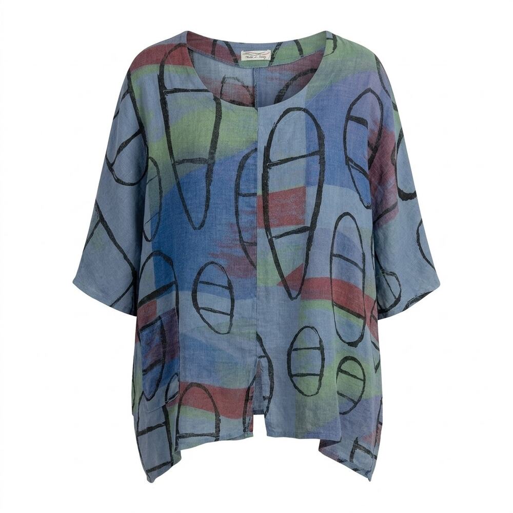Luigi Moda 100% Linen Made in Italy Abstract Blouse Women See Measurements